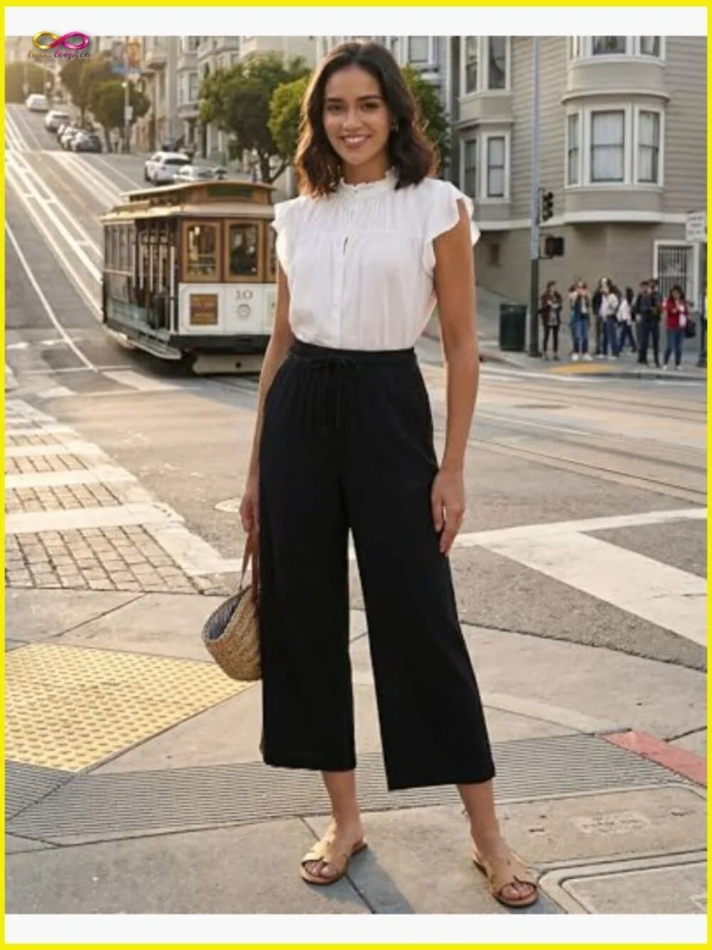 Linen Blend Wide Leg Capri Pants High Waisted Elastic Casual Boho Chic